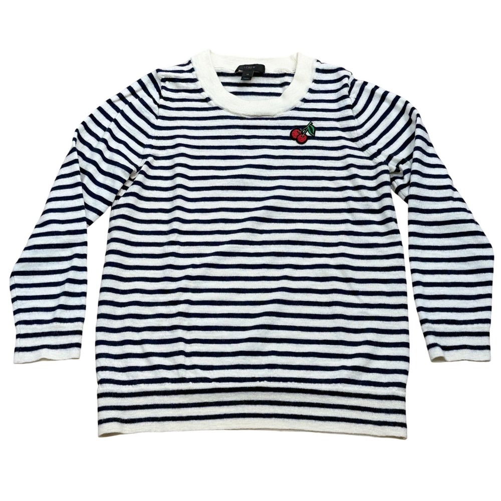 J.Crew Tippi Sweater 100% Merino Wool Cherry Patch Women Size M Navy Fitted